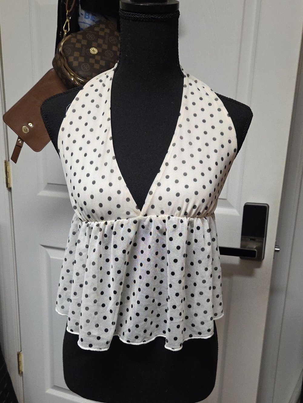Cream Polka Dot Open Back Halter Peplum Top